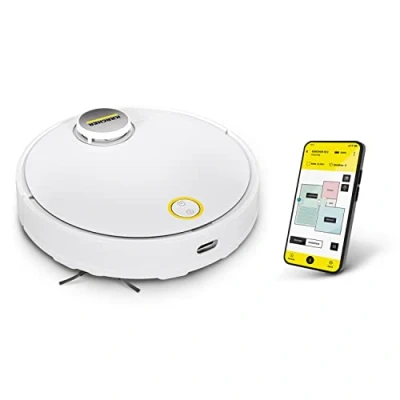Abbildung von Kärcher Saugroboter RCV 3 mit Wischfunktion, smarte App Steuerung, LiDAR Laser Navigation, Kartierung, Raum und Hinderniserkennung, 2500 Pa, 120 min Laufzeit, für Hartböden Teppiche, Weiss