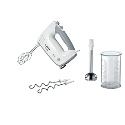 Abbildung von Bosch Handrührer ErgoMixx MFQ36470, 2 Rührbesen, Edelstahl Knethaken, Mixfuss, Mixbecher, 5 Stufen plus Turbostufe, 450 W, weiss/grau