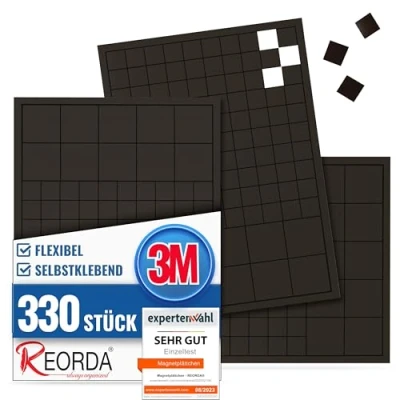 Abbildung von Reorda® Magnetplättchen selbstklebend (330 Stück) Starker 3M Kleber ermöglicht ausgezeichnete Klebekraft Vielseitige Flache Magnete zum basteln &amp; schneiden Ideal nutzbar für Schule Büro