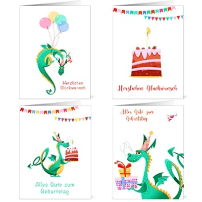 Abbildung von 12 x Geburtstagskarten für Kinder aus recyceltem Papier mit Drachen Motiv