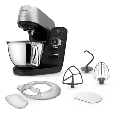 Abbildung von Tefal Coach Küchenmaschine, 1200 W, 8 Auto Programme, inkl. Back Zubehör und App, personalisiertes Erlebnis, planetarisches Rührsystem, Schwarz/Silber, QB900838