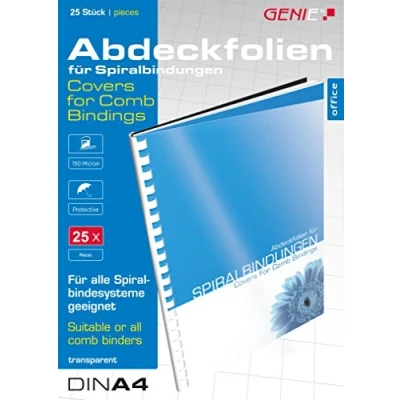 Abbildung von Genie 12385 Deckblätter (DIN A4; glasklar; 150 Micron; geeignet für alle Bindegeräte) 25 Stück transparent