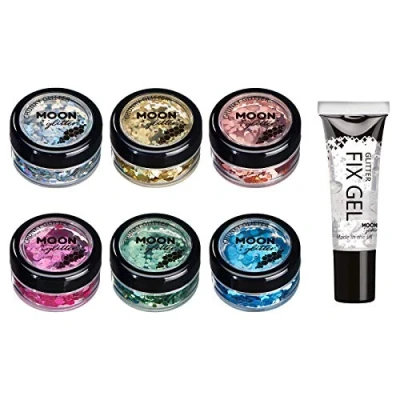 Abbildung von Holographischer grober Glitzer von Moon Glitter 100% kosmetische für Gesicht, Körper, Nägel, Haare und Lippen 3g Set mit 6 Farben