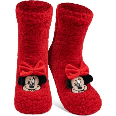 Abbildung von Disney Minnie Mouse Hüttensocken Flauschige Sherpa Haussocken mit Schleife für Damen Kuschelsocken Wintersocken warme Frauen Socken OneSize Rot
