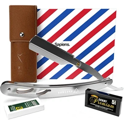 Abbildung von Sapiens Barbershop Rasiermesser Herren mit Weschelklinge Bart Rasierer Barber + Derby Rasierklingen Tragetasche Single Blade Razor Silber Edition