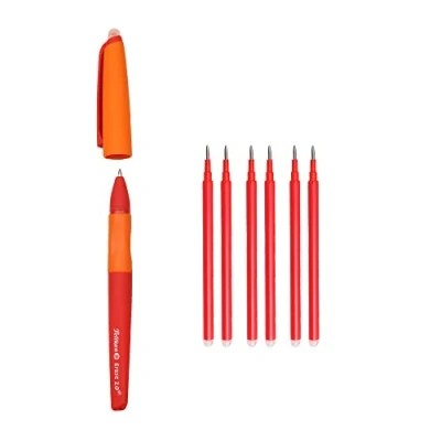 Abbildung von Pelikan Erase 2.0 Ergonomischer radierbarer Tintenroller, rote Tinte, für Rechts und Linkshänder, die Schule, nachfüllbar, 6 Ersatzminen inklusive