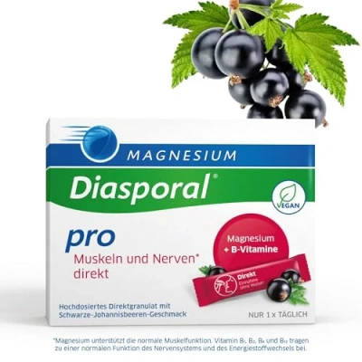 Abbildung von Magnesium Diasporal Pro Muskeln und Nerven direkt Sticks mit 300 mg Vitamin B Komplex Schnelle Einnahme ohne Wasser Vegan, glutenfrei laktosefrei 30