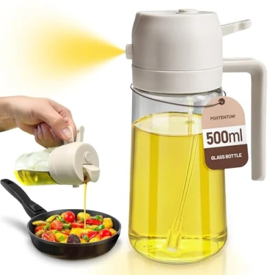 Abbildung von PORTENTUM Ölsprüher für speiseöl 2 in 1 500ml Öl Sprühflasche lebensmittelecht, Ölspray zum Kochen, Hochwertiger Zerstäuber, Heißluftfritteuse (Cremefarben)