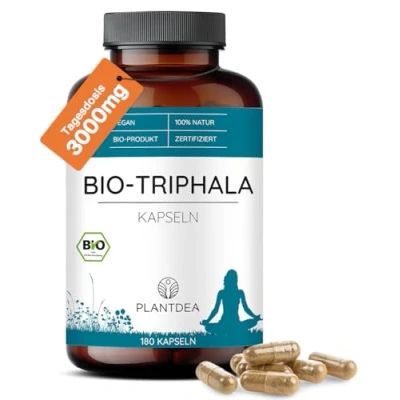 Abbildung von Bio Triphala Kapseln I 3000mg Tagesdosis 180 hochdosiert laborgeprüft Pulver veganes Präparat Ohne Zusätze PlantDEA