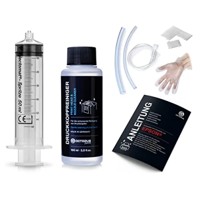 Abbildung von Octopus Düsenreiniger, Druckkopfreiniger kompatibel für Epson Druckköpfe mit Schlauchadaptern (100 ml)