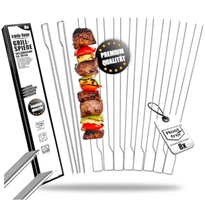 Abbildung von com four® 8X Premium BBQ Doppelspieße 4 mm 30 cm Edelstahl 430 Grillspieße mit Griff Schaschlikspieße für Fleisch, Fisch &amp; Gemüse Kein Verrutschen, 100% Grillspaß (08 Stück eckig)