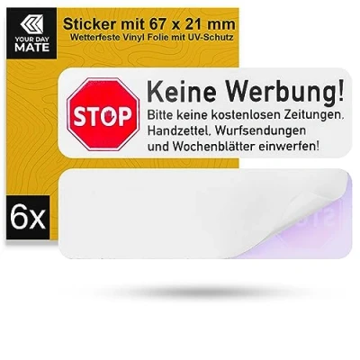 Abbildung von Briefkastenaufkleber &quot;Keine Werbung&quot;, 6 Stück, 67 x 21 mm, selbstklebende Folie, Briefkastenschild für Innen und Außenbereich, Keine Reklame Aufkleber, Schild gegen Werbung, Briefkastenwerbung Stop
