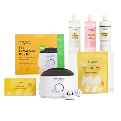 Abbildung von Mylee Professional Komplett Wachsset mit Wachserhitzer, Hartwachs 500 g, Applikatorspatel, Vor und Nachpflegegel, Gerätereiniger (Kokosnuss Arnika)