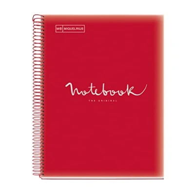 Abbildung von Miquelrius Notizbuch A4 Notizblock Emotionen, 160 Seiten 90 g/m², Raster 5 x mm, 8 farbige Streifen, Mikroperforierte Spirale, Polypropyleneinband, 4 Loch Lochung, Notizbuch, Rot