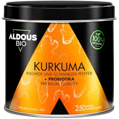 Abbildung von Probiotika Kapseln + Bio Kurkuma mit Ingwer und Schwarzem Pfeffer 250 Stück 1460mg Curcumin Piperin Natürliche Entzündgunshemmende Wirkung Zertifizierte Qualität