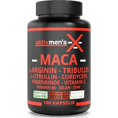 Abbildung von aktivmen&#039;s X MACA SCHWARZ teuflisch gut dosiert 166 Kapseln + L Arginin, Citrullin, Cordyceps, Tribulus, Pinienrinden Extrakt, Selen, Vitamin C B5, Zink, 1 Dose (1x135,6g)