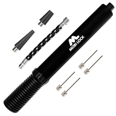 Abbildung von Dual Action (2 Wege) Pumpe für schnelles und einfaches Aufpumpen von Bällen mit 1 Schlauch, 4 Pumpennadeln, Presta Ventil 2 Adaptern Mobi Lock