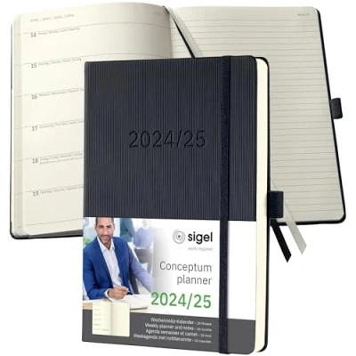 Abbildung von SIGEL C2403 Terminplaner Wochennotiz Kalender 2023/2024, ca. A5, schwarz, Hardcover, 256 Seiten, Gummiband, Stiftschlaufe, Archivtasche, PEFC zertifiziert, 18 Monatskalender, Conceptum