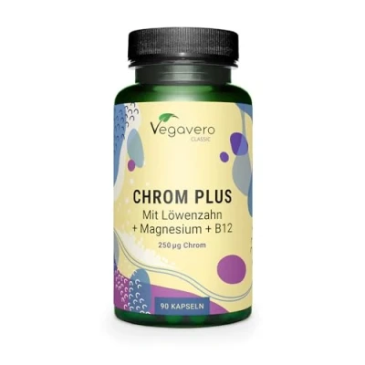Abbildung von Chrom Kapseln Hochdosiert: 250 μg Picolinat &amp; LYNSIDE® Mit Magnesium, B12, Löwenzahn Für den Blutzuckerspiegel* Deutsche Produktion von Vegavero® Ohne Zusatzstoffe 90