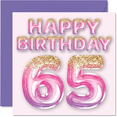 Abbildung von Stuff4 Geburtstagskarte zum 65. Geburtstag für Frauen rosa und lila Glitzerballons Happy Karten 65 Jahre alte Frau Mama Nanny Grandma Gran Auntie, 145 mm x Grußkarten Geschenk