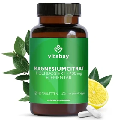 Abbildung von Vitabay Magnesium Citrate 2556mg Hochdosiert 180 Tabletten Vegan &amp; Laborgeprüft Magnesiumcitrate Trägt zu einem normalen Energiestoffwechsel und einer Muskelfunktion bei