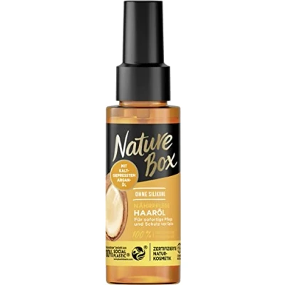 Abbildung von Nature Box Nährpflege Haaröl (70 ml), mit Argan Öl sorgt für intensive Pflege und schützt vor Spliss, Flasche aus 100 % Social Plastic