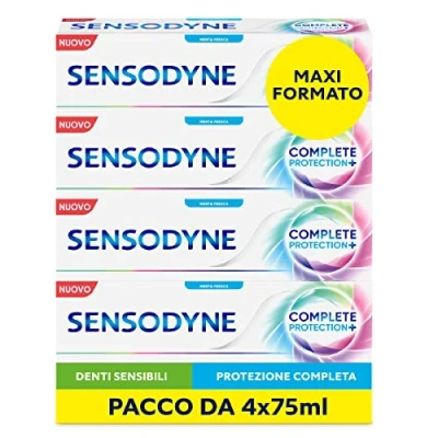 Abbildung von Sensodyne Complete Protection+, tägliche Zahnpasta für empfindliche Zähne, gesundes Zahnfleisch und frischer Atem, gegen Karies Plaque, frische Minze, Maxi Format 4 x 75 ml