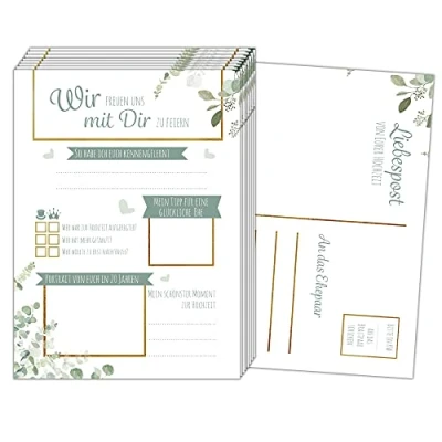 Abbildung von JEKA Postkarten Spiel Hochzeit, 52 Hochzeitsspiel für Gäste, Alternative Gästebuch Wochen Spiel, mit Fragen (Grün Gold)
