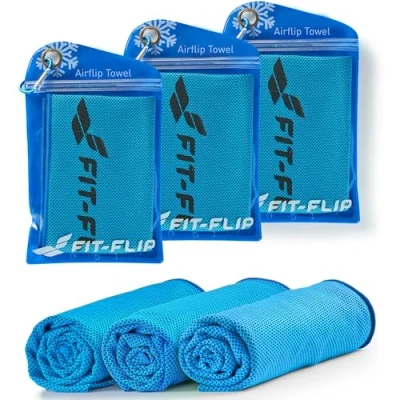 Abbildung von Fit Flip Kühltuch 3er Set kühlendes Handtuch Fitness und Sport mikrofaser kühlhandtuch Airflip kühltücher cool Ice Towel (3X blau dunkel blau, 100x30cm)