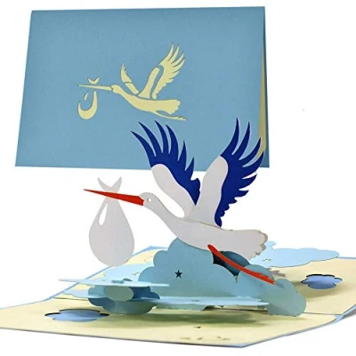 Abbildung von Glückwunschkarte zur Geburt JungeGlückwunschkarte mit Pop up Vogel Storch für Mama und PapaBaby GeschenkGutschein Geschenk G23.2