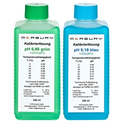 Abbildung von Measury pH Kalibrierlösung 6.86 und 9.18, Pufferlösung je 250ml, Eichlösung Grün/Blau, Kalibrierflüssigkeit Set Eichflüssigkeit