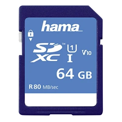 Abbildung von Hama Speicherkarte SDHC 64GB (SD 3.01 Standard, 90 MB/s, Class 10, Datensicherheit dank mechanischem Schreibschutz, Beschriftungsfeld)