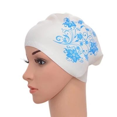 Abbildung von Medifier Damen Badekappe, elastisch, Silikon, für langes Haar, Erwachsene, mit Blumenmuster, weiß