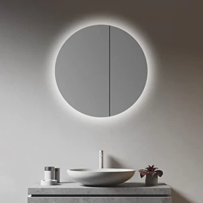 Abbildung von Talos Spiegelschrank Bad mit Beleuchtung rund Ø 60 cm Badezimmer hochwertigem Aluminium Korpus Zwei Glaseinlegeböden