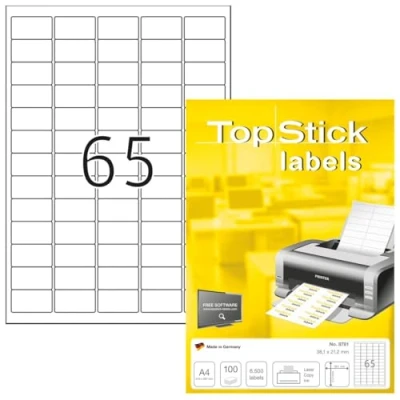 Abbildung von TopStick 8781 Adressetiketten, 100 Blatt, 38,1 x 21,2 mm, 65 pro A4 Bogen, 6500 Stück, selbstklebend, bedruckbar, matt, blanko Papier Adressaufkleber Etiketten, weiß