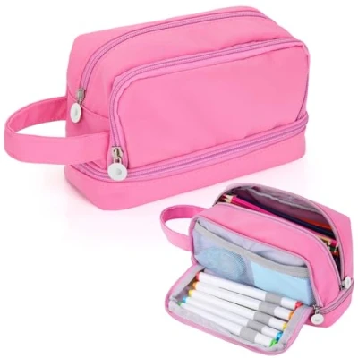 Abbildung von Alyvisun Federmäppchen Große Kapazität Mäppchen Etui Stifte mit 3 Fächern für Jungen und Mädchen, Robuste Schreibwaren Organizer Pencil Case Tragegriff Schule Büro (Rosa)