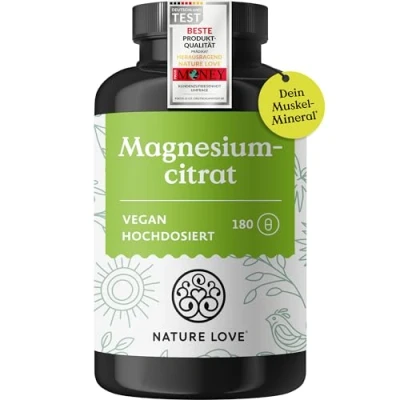 Abbildung von NATURE LOVE® Magnesiumcitrat 2.320 mg (davon 360 elementares Magnesium) 180 Kapseln hochdosiert, laborgeprüft, ohne Zusätze, vegan &amp; in Deutschland produziert