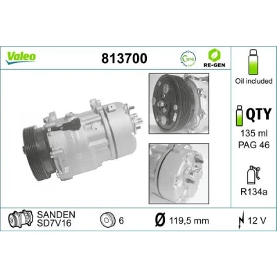 Abbildung von VALEO 813700 Kompressor SD7V16 12 PAG 46 R 134a mit Kompressoröl AUSTAUSCHTEIL VOLKSWAGEN: Golf 4, Sharan I, 4 Variant