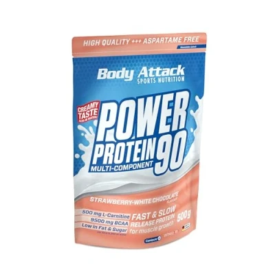 Abbildung von Body Attack POWER Protein 90 Strawberry White Choc 500g Beutel Mehrkomponenten Pulver, Made in Germany Mit BCAA, Vitaminen &amp; L Carnitin Shake extra cremiger Geschmack