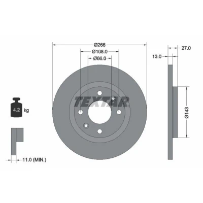 Abbildung von TEXTAR PRO 92089103 Bremsscheibe 266 13 04/06 108 voll beschichtet ohne Radbefestigungsbolzen, Radnabe PEUGEOT: Partner II Tepee, Van