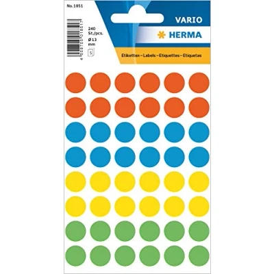 Abbildung von HERMA 1851 Punktaufkleber Klebepunkte bunt, 240 Stück, Ø 13 mm, 48 pro Bogen, selbstklebend, Markierungspunkte für Kalender Planer Basteln, matt, blanko Papier Farbpunkte Etiketten Aufkleber