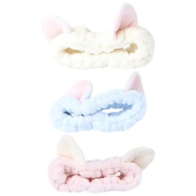 Abbildung von Lurrose 3 stücke Spa Make Up Stirnbänder Nette Baumwolle Katze Ohr Haarband Elastische Kosmetik Waschen Gesicht Dusche Haarschmuck (Blau, Weiß und Rosa)