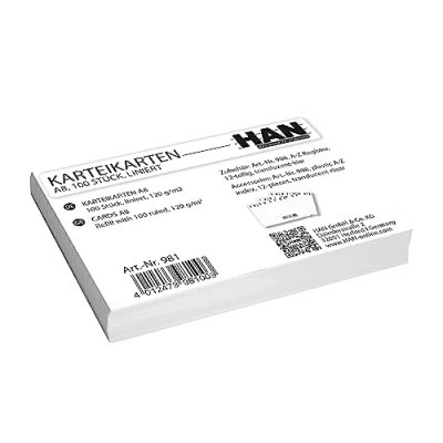 Abbildung von HAN Karteikarten DIN A8 quer, Karteikarton 120 g/m², für Lernboxen, liniert zum lernen, Vokabeln, Notizen, Schule, Büro, Universität, 981, weiß