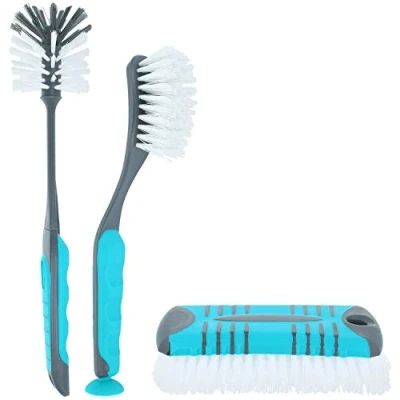 Abbildung von com four® 3 teiliges Spülbürsten und Scheuerbürsten Set Spülbürste mit Saugnapf runde Scheuerbürste für Geschirr lange Boden Wände