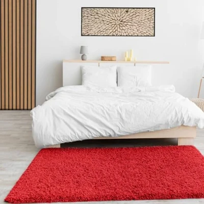Abbildung von VIMODA Prime Shaggy Hochflor Langflor Teppich Einfarbig Modern Rot für Wohnzimmer, Schlafzimmer, Maße:70x250 cm