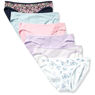 Abbildung von Amazon Essentials Damen Bikinihose aus Baumwolle (in Übergröße erhältlich), 6er Pack, Blau/Lila/Rosa/Schwarz Floral/Streifen/Weiß Streublumen, 42