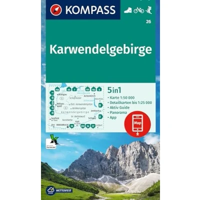 Abbildung von KOMPASS Wanderkarte 26 Karwendelgebirge 1:50.000: 5in1 mit Aktiv Guide, 1:25000 Karten und Panorama, inklusive Karte zur offline Verwendung in der App. Fahrradfahren. Skitouren.