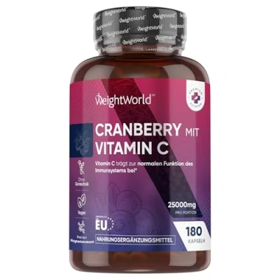 Abbildung von Cranberry Extrakt mit Vitamin C Entspricht ca. 25.000mg Preiselbeeren (50:1) 6 Monate Vorrat 180 Kapseln 200mg Vit Immunsystem, Stoffwechsel Natürliche Zutaten WeightWorld