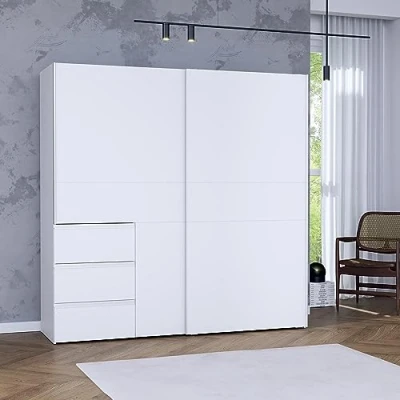 Abbildung von FORTE WINN 2 Schrank, weißer Kleiderschrank, Schlafzimmerschrank, Schwebetürenschrank Weiß mit Schubladen, 200 cm breit x hoch 61,2 tief