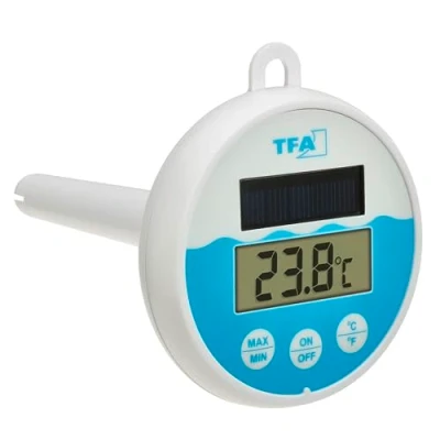 Abbildung von TFA Dostmann Digitales Poolthermometer mit Solarenergie, 30.1068.02, schwimmend im Wasser, für Pool/Teich/Schwimmbad/Whirlpool geeignet, Befestigungsleine (1m), Solarbetrieben, weiß blau